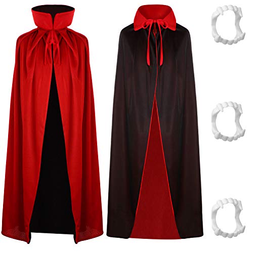 Geyoga Black Red Reversible Pirate Vampire Devil Demon Cloak Halloween Christmas Cosplay Capes with 3 Pieces Plastic Vampire Teeth for Age Over 8 Years Old