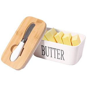 ycoco large butter dish with lid,ceramic butter container with airtight cover,butter keeper double silicone seals with knife for kitchen,holds 2 standard stick,white