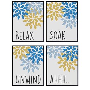 relax soak unwind wall art bathroom decorations - teal blue yellow restroom signs - powder room, guest bath wall decor - bathroom decor for women - housewarming gift - 8x10 poster picture set
