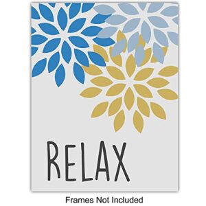 Relax Soak Unwind Wall Art Bathroom Decorations - Teal Blue Yellow Restroom Signs - Powder Room, Guest Bath Wall Decor - Bathroom Decor for Women - Housewarming Gift - 8x10 Poster Picture Set