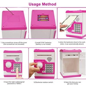 Renvdsa Cartoon Electronic ATM Password Piggy Bank Cash Coin Can Auto Scroll Paper Money Saving Box Gift for Kids (White Pink)