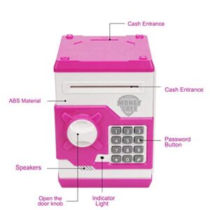 Renvdsa Cartoon Electronic ATM Password Piggy Bank Cash Coin Can Auto Scroll Paper Money Saving Box Gift for Kids (White Pink)