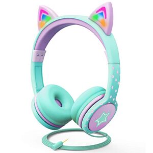 fospower kids headphones with led cat ears, 3.5mm on-ear wired headset with laced cables for ipad/smartphones/pc/kindle/tablet/laptop/school (max volume 85db) - teal/light purple