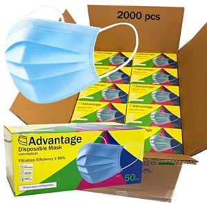 advantage -2,000 bulk pack - premium quality 3-ply disposable face masks with elastic earloops