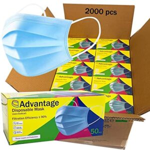 Advantage -2,000 Bulk Pack - Premium Quality 3-Ply Disposable Face Masks with Elastic Earloops