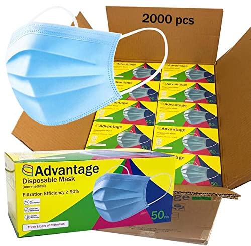 Advantage -2,000 Bulk Pack - Premium Quality 3-Ply Disposable Face Masks with Elastic Earloops