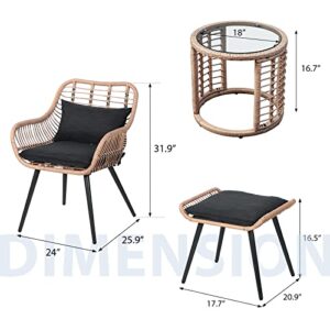 JOIVI 5 Piece Outdoor Wicker Furniture Set, Rattan Bistro All Weather Conversation Set with Ottoman and Coffee Side Table