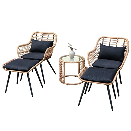 JOIVI 5 Piece Outdoor Wicker Furniture Set, Rattan Bistro All Weather Conversation Set with Ottoman and Coffee Side Table