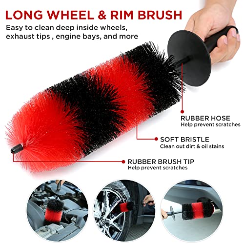 Wheel Tire Brush Set Car Detailing Kit 8pcs by TAKAVU, 17” Long Soft Bristle Wheel Brush, 5pcs Detail Brushes, Tire Brush & Microfiber Cleaning Cloth for cleaning Wheels, Dashboard, Interior, Exterior