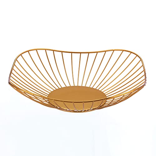 IBWell Short Curved-Edge Modern Creative Stylish Single Tier Dish,Metal Iron Wire Fruit Vegetables Bread Decorative Stand Serving Bowls Basket Holder (Gold)