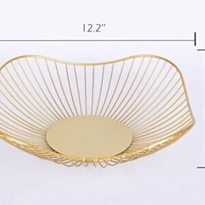 IBWell Short Curved-Edge Modern Creative Stylish Single Tier Dish,Metal Iron Wire Fruit Vegetables Bread Decorative Stand Serving Bowls Basket Holder (Gold)