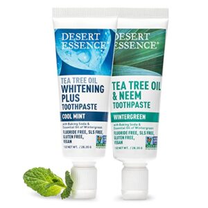 Desert Essence Tea Tree Oil Whitening Toothpaste Travel Size, 1 oz - Flouride Free, Gluten Free, Vegan, Non-GMO - with Bamboo Stem Fiber, Baking Soda, Tea Tree Oil for Whitening Teeth & Fresh Breath