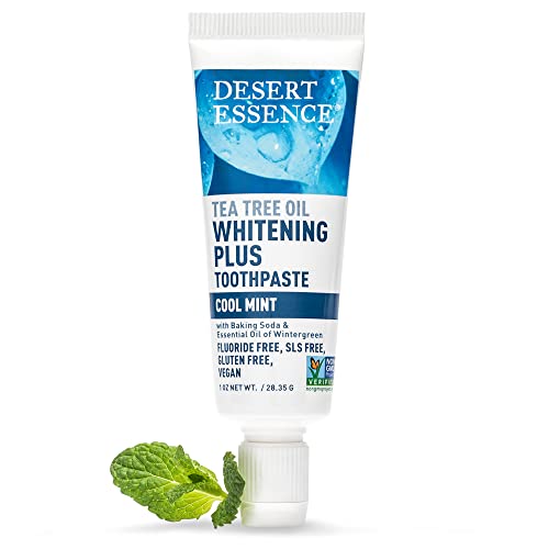 Desert Essence Tea Tree Oil Whitening Toothpaste Travel Size, 1 oz - Flouride Free, Gluten Free, Vegan, Non-GMO - with Bamboo Stem Fiber, Baking Soda, Tea Tree Oil for Whitening Teeth & Fresh Breath