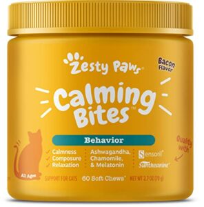 zesty paws calming chews for cats - composure & relaxation for everyday stress & separation - with ashwagandha, organic chamomile, l-theanine & l-tryptophan – bacon - 60 count - cat…