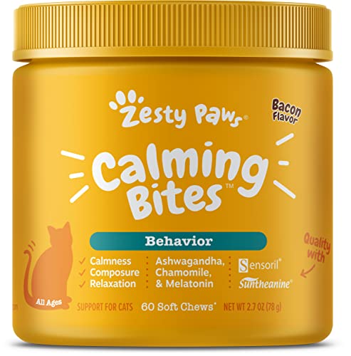 Zesty Paws Calming Chews for Cats - Composure & Relaxation for Everyday Stress & Separation - with Ashwagandha, Organic Chamomile, L-Theanine & L-Tryptophan – Bacon - 60 Count - Cat…