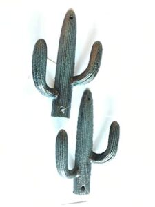 set of 2 - cactus cast iron double wall hooks wall mounted for home office use for coats, hats, bags, keys, towels and many more rustic green color