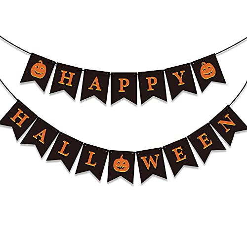 GEGEWOO Black HAPPY HALLOWEEN Banner Bunting with Pumpkin Sign Outdoor Indoor Home Decor for Mantle Fireplace Halloween Theme Party Decorations Supplies