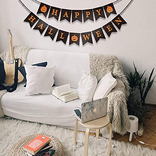 GEGEWOO Black HAPPY HALLOWEEN Banner Bunting with Pumpkin Sign Outdoor Indoor Home Decor for Mantle Fireplace Halloween Theme Party Decorations Supplies