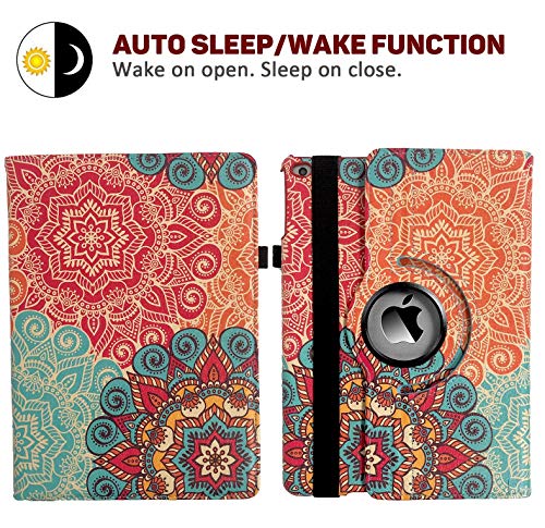 iPad Case Fit 2018/2017 iPad 9.7 6th/5th Generation - 360 Degree Rotating iPad Air Case Cover with Auto Wake/Sleep Compatible with Apple iPad 9.7 Inch 2018/2017 (Red Mandala)