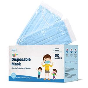wecare disposable face masks for kids, 50 blue face masks, individually wrapped