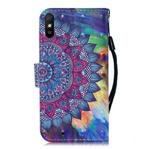 EMAXELER Xiaomi Redmi 9A Case 3D Creative Pattern PU Leather Wallet Diamond Case Bookstyle Flip Stand Card Holder Shockproof Magnetic Cover for Xiaomi Redmi 9A CY Oil Painting Mandala.