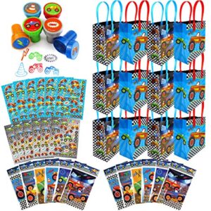 tinymills monster truck birthday party assortment favor set of 108 pcs (12 large party favor treat bags with handles, 24 self-ink stamps for kids, 12 sticker sheets, 12 coloring books , 48 crayons)