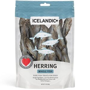 icelandic+ plus: herring whole fish dog treat, 3-oz bag, 100% edible & digestible, reduces tarter & plaque build-up, full of omega-3 for healthy skin and shiny coat
