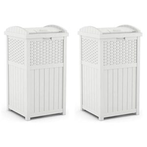 suncast wicker resin outdoor hideaway trash can bin with latching lid for use in backyard, deck, or patio, white (2 pack)