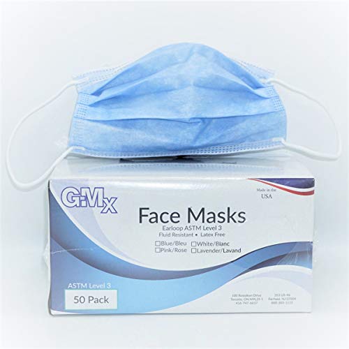 GMX Earloop ASTM Level 3 Lightweight Breathable Medical Mask, Made in USA, Fluid Resistant, Latex Free Blue Face Mask Bx/50