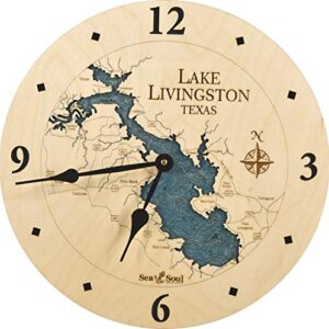 sea & soul lake livingston 3-d nautical wood chart 12" wall clock, handcrafted in the usa, topographic water map clock, carved lake art wall clock, coastal décor (blue green)