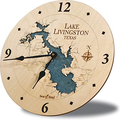 Sea & Soul Lake Livingston 3-D Nautical Wood Chart 12" Wall Clock, Handcrafted in The USA, Topographic Water Map Clock, Carved Lake Art Wall Clock, Coastal Décor (Blue Green)