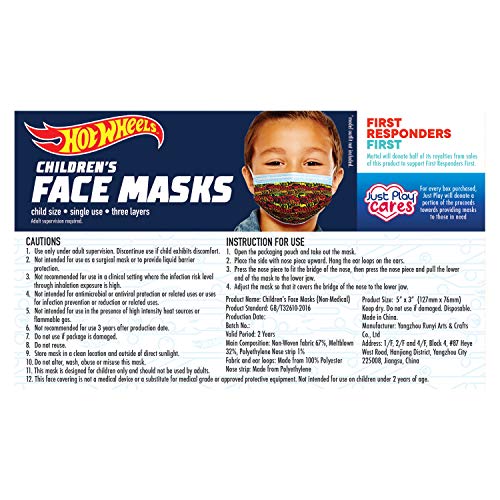 Children’s Single Use Face Mask, Hot Wheels, 14 count, small, Ages 2 - 7, by Just Play