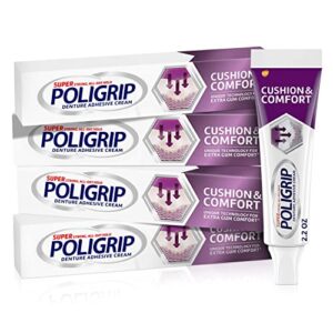 poligrip cushion & comfort, denture and partials adhesive cream for extra comfort and hold of dentures, 2.2 ounces (pack of 4)