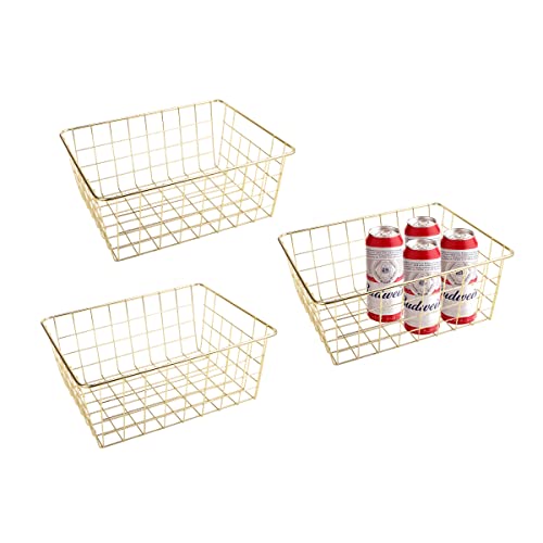 Fvstar 3pcs Wire Storage Baskets for Organizing,Pantry Organization Bins for Cabinets,Metal Basket for Kitchen,Laundry,Garage,Fridge,Bathroom Countertop Organizer (Small, Gold)