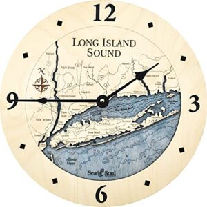 sea & soul long island sound 3-d nautical wood chart 12" wall clock, handcrafted in the usa, topographic water map clock, carved lake art wall clock, coastal décor (deep blue)