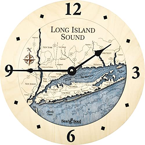 Sea & Soul Long Island Sound 3-D Nautical Wood Chart 12" Wall Clock, Handcrafted in The USA, Topographic Water Map Clock, Carved Lake Art Wall Clock, Coastal Décor (Deep Blue)