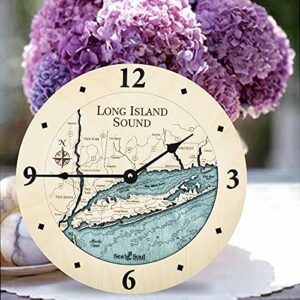 Sea & Soul Long Island Sound 3-D Nautical Wood Chart 12" Wall Clock, Handcrafted in The USA, Topographic Water Map Clock, Carved Lake Art Wall Clock, Coastal Décor (Deep Blue)