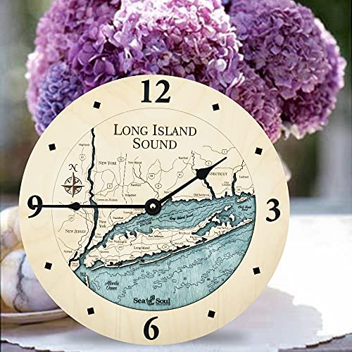 Sea & Soul Long Island Sound 3-D Nautical Wood Chart 12" Wall Clock, Handcrafted in The USA, Topographic Water Map Clock, Carved Lake Art Wall Clock, Coastal Décor (Deep Blue)