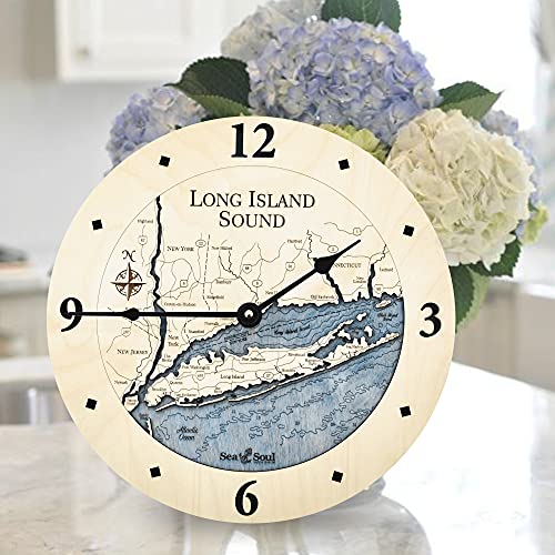 Sea & Soul Long Island Sound 3-D Nautical Wood Chart 12" Wall Clock, Handcrafted in The USA, Topographic Water Map Clock, Carved Lake Art Wall Clock, Coastal Décor (Deep Blue)