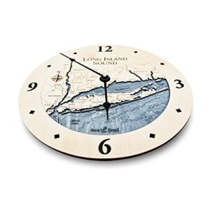 Sea & Soul Long Island Sound 3-D Nautical Wood Chart 12" Wall Clock, Handcrafted in The USA, Topographic Water Map Clock, Carved Lake Art Wall Clock, Coastal Décor (Deep Blue)