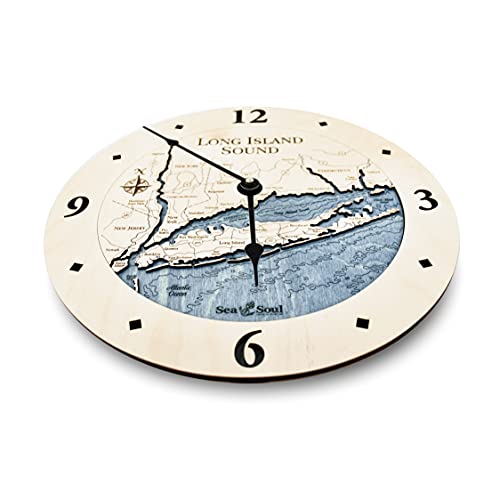 Sea & Soul Long Island Sound 3-D Nautical Wood Chart 12" Wall Clock, Handcrafted in The USA, Topographic Water Map Clock, Carved Lake Art Wall Clock, Coastal Décor (Deep Blue)