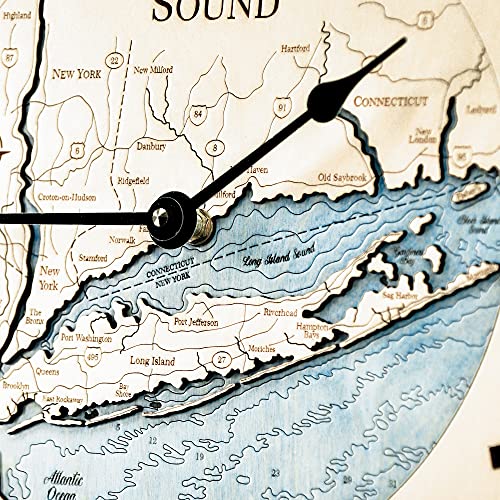 Sea & Soul Long Island Sound 3-D Nautical Wood Chart 12" Wall Clock, Handcrafted in The USA, Topographic Water Map Clock, Carved Lake Art Wall Clock, Coastal Décor (Deep Blue)