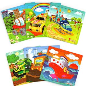 vileafy 6 pack easy small travel puzzles for kids ages 3-5 years old, children cars wooden puzzles 16 piece, early educational toys & gifts for boys and girls