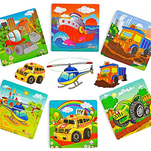 Vileafy 6 Pack Easy Small Travel Puzzles for Kids Ages 3-5 Years Old, Children Cars Wooden Puzzles 16 Piece, Early Educational Toys & Gifts for Boys and Girls