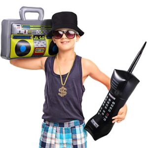 6 Pcs 80s 90s Hip Hop Costume Outfit Kit Inflatable Radio Boombox Necklace Ring Sunglasses Hat Rapper Accessories