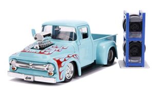 jada toys just trucks 1:24 1956 ford f-100 with rack die-cast car blue/red flames, toys for kids and adults