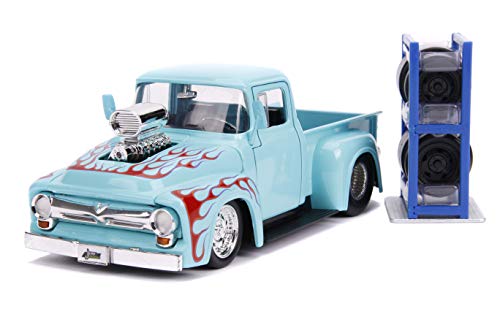 Jada Toys Just Trucks 1:24 1956 Ford F-100 with Rack Die-cast Car Blue/Red Flames, Toys for Kids and Adults