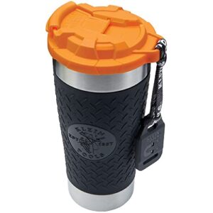 klein tools 55580 stainless steel tumbler with flip-top lid, insulated 20 oz. tradesman's double wall vacuum mug, slip-resistant sleeve