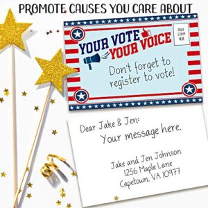 Vote Postcards Bulk - Your Vote Your Voice - Set of 100 4x6 Standard Size - American Flag Patriotism Print, Great Election Supplies, Fun and Eye-Catching Design Postcards for Family and Friends