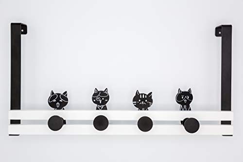 Creathome Over The Door Rail with 4 Peg Hooks, Lovely Cat Pattern, Black and White Style
